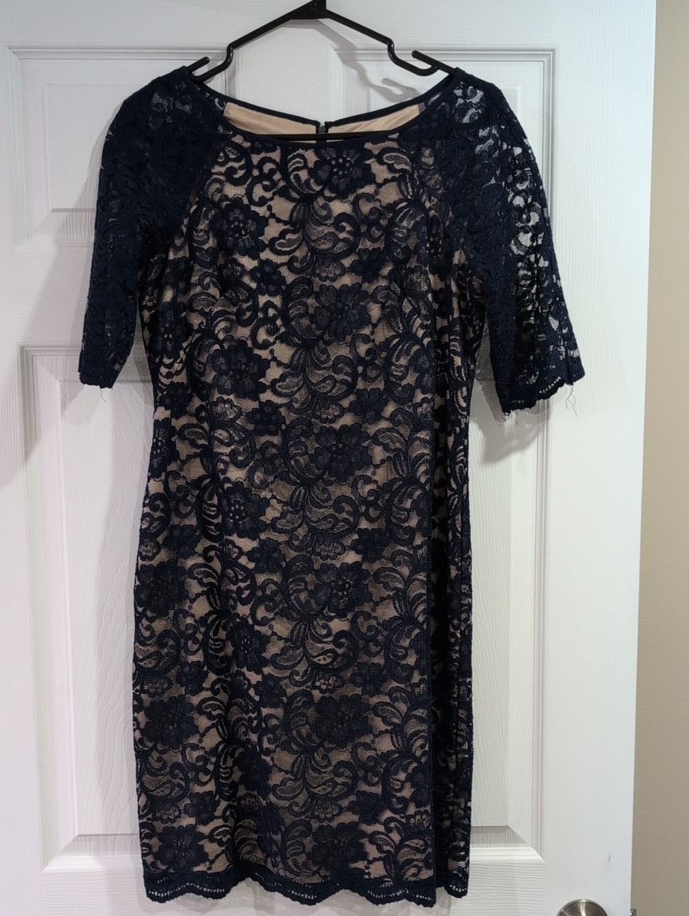 Vince Camuto Navy Lace Overlay Sheath Dress with Nude Double Lining